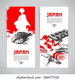 Set of Japanese sushi banners. Hand drawn sketch illustrations