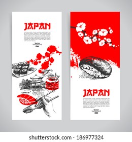 Set of Japanese sushi banners. Hand drawn sketch illustrations