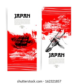 Set of Japanese sushi banners. Sketch illustrations for menu