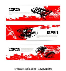 Set of Japanese sushi banners. Sketch illustrations