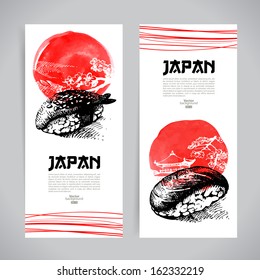 Set of Japanese sushi banners. Sketch illustrations for menu