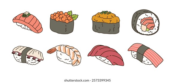 Set of Japanese sushi cartoon design. Cute seafood sticker. Idea for print, cartoon, card, decoration and sticker.