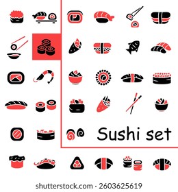 Set of Japanese sushi. Illustrations of Japanese cuisine on white background. EPS 10.
