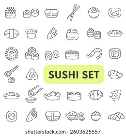Set of Japanese sushi. Sushi isolated icons set. Sushi roll icons set. EPS 10.