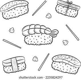 conjunto de dibujos adorables de arroz sushi japonés para colorear