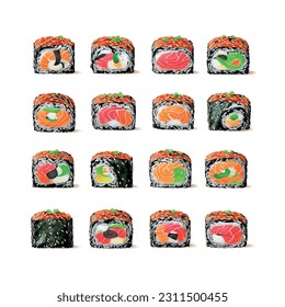 Set japanese sushi roll with fish isolated on white background vector 3d realistic graphic for restaurant - Shutterstock ID 2311500455