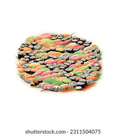 Set japanese sushi roll fish platter on white background vector 3d realistic graphic for restaurant - Shutterstock ID 2311504075