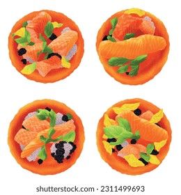 Set japanese sushi roll with salmon fish plus caviar on white background vector 3d realistic graphic for restaurant - Shutterstock ID 2311499693