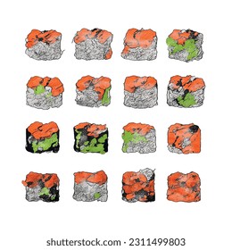 Set japanese sushi roll with salmon fish plus caviar on white background vector 3d realistic graphic for restaurant - Shutterstock ID 2311499803
