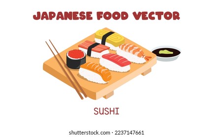 Set of Japanese Sushi with salmon, tuna, cooked shrimp, egg, salmon roe, crab stick and chopsticks flat vector design illustration, clipart cartoon style. Asian food. Japanese cuisine. Japanese food