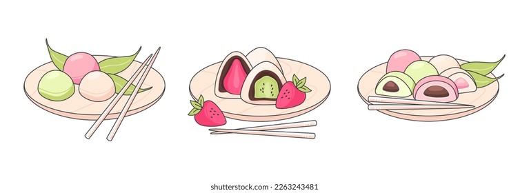 Conjunto de dulces japoneses mochi. Diferentes dulces se mochi sobre una placa redonda de madera con palillos. Ilustración vectorial de comida tradicional japonesa. Cocina, concepto de menú. Estilo Doodle.