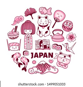 Set of japanese symbols in round shape. Japan travel concept for print, poster, postcard, card, t-shirt, art wall, banner. Vector cartoon illustration.