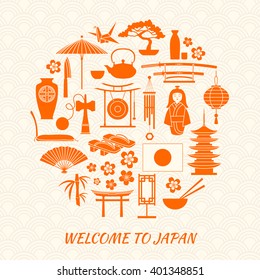 Set of Japanese symbols, souvenirs, accessories. Icon Collection in the shape of a circle. Japan-themed design elements. Vector illustration.