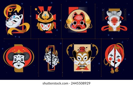 Set of Japanese T shirt Designs. Traditional Asian Streetwear Prints with Samurai Oni Mask, Demons and Geisha. Artworks for printing on clothes. Cartoon flat vector collection isolated on background