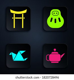 Set Japanese tea ceremony, Japan Gate, Origami bird and Maneki neko cat. Black square button. Vector