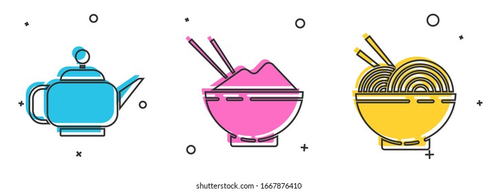 Set Japanese tea ceremony, Rice in a bowl with chopstick and Asian noodles in bowl and chopsticks icon. Vector