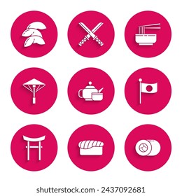 Set Japanese tea ceremony, Sushi, National flag of pole, Gate, umbrella from the sun, Asian noodles in bowl and chopsticks and Chinese fortune cookie icon. Vector