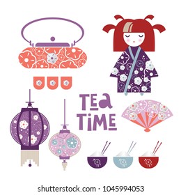 Set of Japanese tea. Japanese girl, Kokeshi doll, fan, Japanese lanterns, cups with rice and sticks, teapot, tea bowls. Hand drawn lettering tea time. Vector illustration