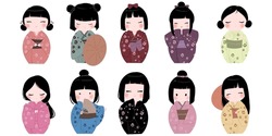 Set Of Japanese Traditional Cute Kokeshi Dolls Vector. Isolated Images. Eps 10