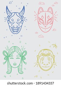 Set of japanese traditional masks lineart