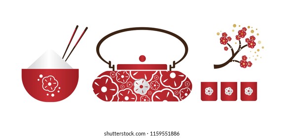 Set of japanese traditional objects icons. Sakura branch, teapot, bowls, rice, shoes. Vector illustration