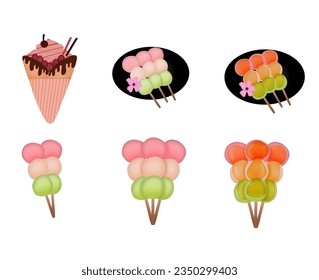 conjunto de postres dulces tradicionales japoneses. Ilustración vectorial plana aislada en fondo blanco.