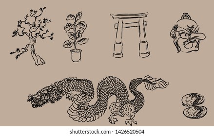 Set of Japanese traditional temple and Dragon. Tori and art of Japan set.Demon Tengu and red Tori with Dragon. 