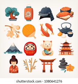 Conjunto de iconos de viaje japoneses. Símbolos de la isla. Diversos lugares de interés y elementos famosos de toda la isla. Ilustraciones vectoriales aisladas.