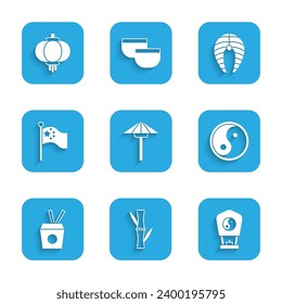 Set Japanese umbrella from the sun, Bamboo, Chinese paper lantern, Yin Yang, Noodles box and chopsticks, China flag on flagpole, Fish steak and  icon. Vector