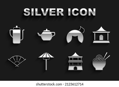 Set Japanese umbrella from the sun, Chinese house, Asian noodles bowl, or japanese folding fan, fortune cookie, tea ceremony and  icon. Vector