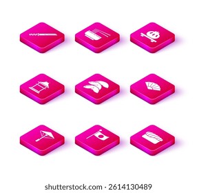 Set Japanese umbrella from the sun, Gate, Chinese fortune cookie, Sushi, Paper chinese japanese folding fan, Dumpling cutting board and Asian noodles bowl and chopsticks icon. Vector