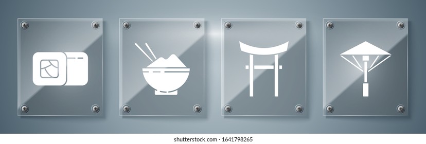 Set Japanese umbrella from the sun, Japan Gate, Rice in a bowl with chopstick and Sushi. Square glass panels. Vector