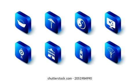Set Japanese umbrella from the sun, Yin Yang, China flag, Chinese or japanese folding fan, Firework, house, paper lantern and Sushi icon. Vector