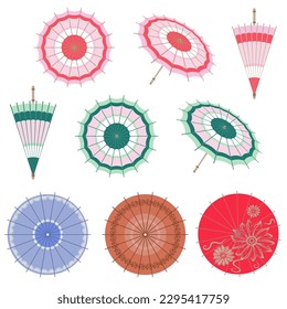 Set of Japanese umbrellas, open and closed, vector illustration.
