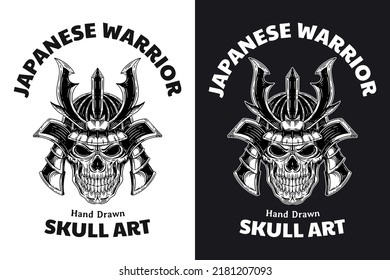 Set Japanese Warrior Skull samurai with armor hand drawn engraving style