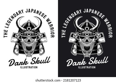 Set Japanese Warrior Skull samurai with armor hand drawn engraving style