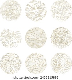 Set of Japanese wave background with Abstract icon vector. Japanese ocean sea pattern with geometric element. marine layout design in oriental style.