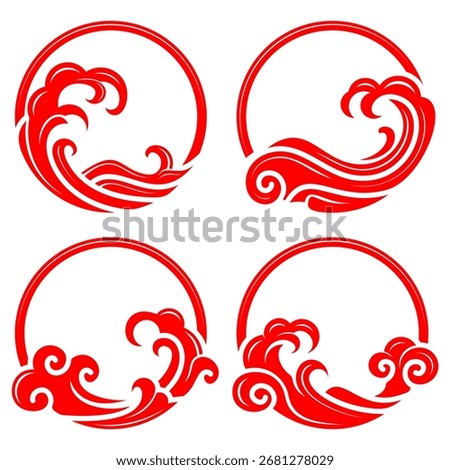 Set of Japanese wave circle frame vector illustration, red and white ocean swirl decorative ornament, traditional Asian water pattern abstract design isolated on white background EPS