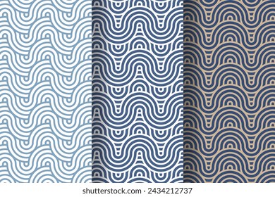 Set of japanese wave geometric seamless pattern, called Seigaiha, concentric circles, fish scale imitation, traditional oriental art, vector illustration