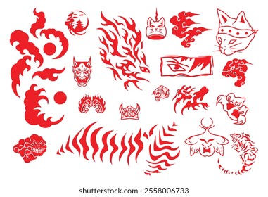 Set Japanese wave, snake, anime, cat, tiger, tribal, water oriental tattoo silhouette style vector illustration.