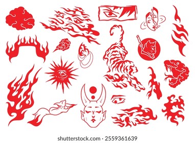 Set Japanese wave, snake, anime, cat, tiger, tribal, water oriental tattoo silhouette style vector illustration.