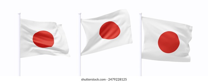 Conjunto de banderas japonesas ondeando en asta. Bandera de diseño 3d realista vuela en el viento sobre fondo blanco aislado. Ilustración vectorial