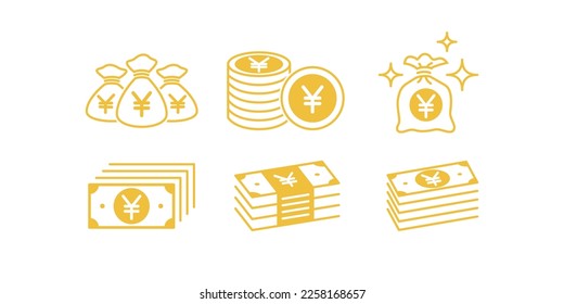 Juego de vectores de dinero oro Icono ilustración yenes japoneses aislados, diseño de icono de oro de moneda