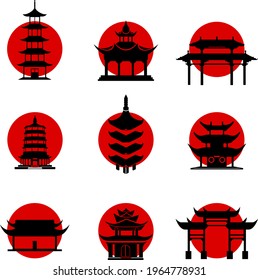 A set of Japanese-style icons on the background of the sun. Buddhist temples pagodas. Vector illustration.