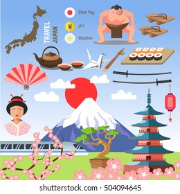 Set of Japan/Tokyo, and East culture symbols. Collection icons: Japanese pagoda and Fuji, geisha and sumo wresler, sakura, bonsai, tea and sushi, origami and fan. Asia vector illustrations.