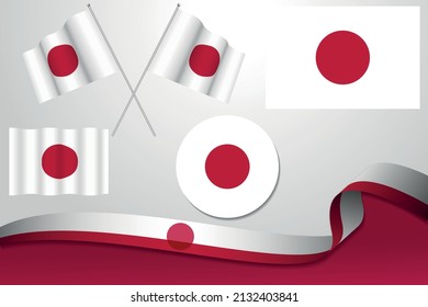 Set Of Japon Flags In Different Designs Icon Flaying Flags With ribbon With Background.