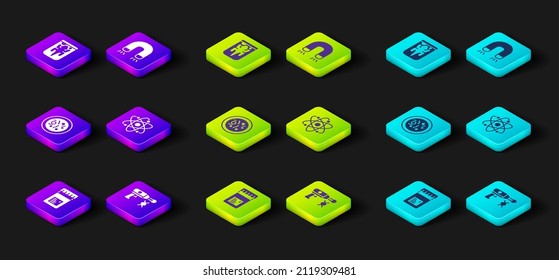 Set Jar with additives, Transfer liquid gun, Petri dish bacteria, Atom, Magnet and Experimental animal icon. Vector