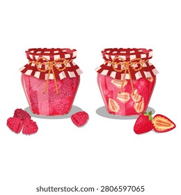 A set of jar containing strawberry and raspberry jam is shown in , a vector illustration on an isolated background.