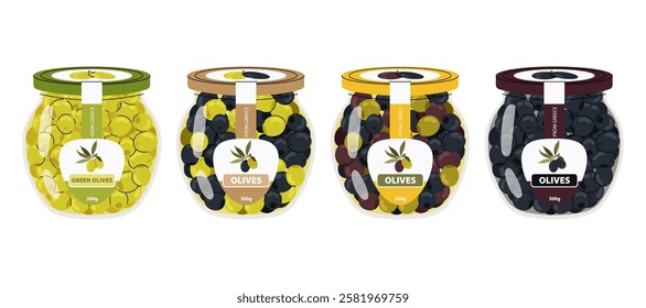 Set jar of different tinned olives. Ingredient for cooking. Greek traditional cuisine. Flat illustration on white background.