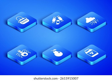 Set Jar of honey, Basket and food, Pear, Spider, Candy and Storm icon. Vector